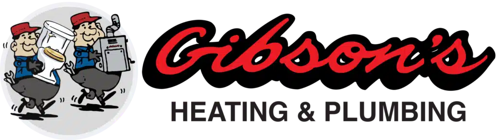 Logo of Gibson's Heating & Plumbing with cartoon plumbers carrying tools, wearing red caps and blue uniforms.