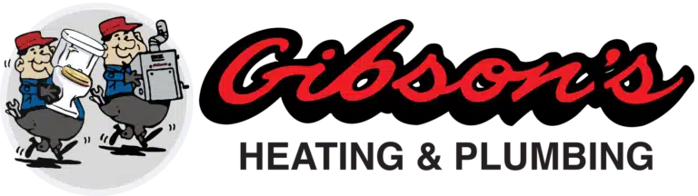 Logo of Gibson's Heating & Plumbing with cartoon plumbers carrying tools, wearing red caps and blue uniforms.