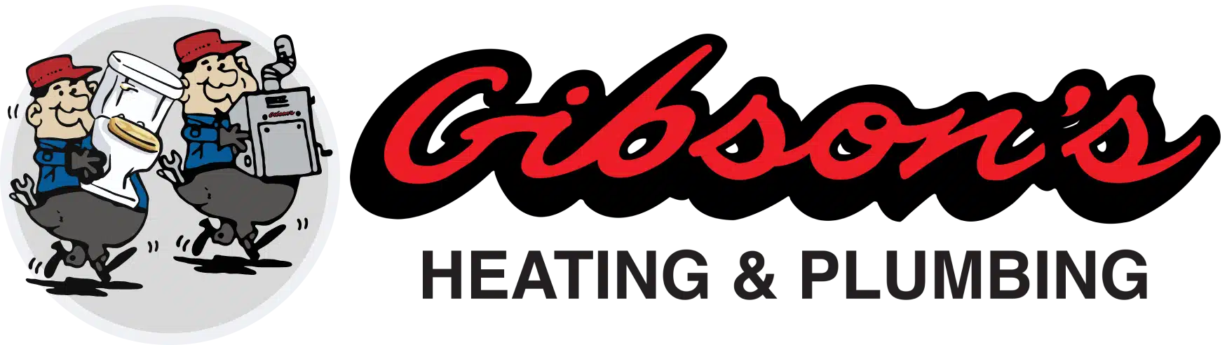 Logo of Gibson's Heating & Plumbing with cartoon plumbers carrying tools, wearing red caps and blue uniforms.