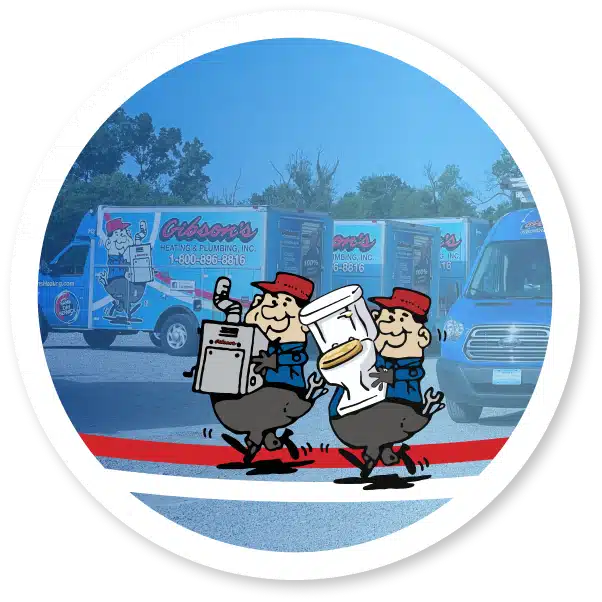 Cartoon Plumbers Carry Appliances With Vans In The Background, Showcasing Gibson'S Heating &Amp; Plumbing Branding.