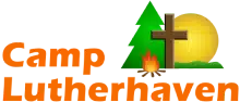 An Orange Digital Logo Featuring A Gibson-Inspired Brown Cross, Surrounded By A Campfire And Sunrise Over Lush Green Hills.