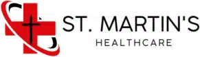 Logo Of St. Martin'S Healthcare Featuring A Red Cross With A Black Stylized Letter 'S' Reminiscent Of A Gibson Guitar Headstock, Complemented By A Black Cross And The Text &Quot;St. Martin'S Healthcare.