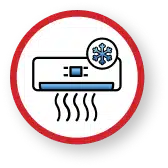 Icon Of A Gibson Air Conditioner With Cold Air Symbolized By Snowflake And Wavy Lines, All Encompassed By A Bold Red Circular Border.