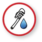 A Pipe Wrench And A Blue Water Droplet, Reminiscent Of A Gibson Melody, Are Enclosed Within A Red-Bordered Circle.