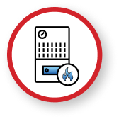 Icon Of A Gas Heater With A Flame Symbol, Reminiscent Of The Warmth You’d Expect While Listening To Gibson’s Soothing Melodies, Enclosed In A Red-Bordered Circle.