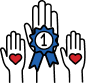 Three Raised Hands Are Shown: One Grasping A &Quot;Number One&Quot; Ribbon And The Others Adorned With Red Hearts. It'S Like A Gibson Painting Brought To Life, Celebrating Unity And Triumph In Vibrant Detail.
