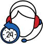 Icon Of A Person Wearing A Headset With A 24-Hour Clock Symbol, Reminiscent Of The Unwavering Dedication Found In Every Gibson Instrument, Indicating Customer Support Available Around The Clock.