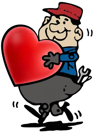 A Cartoon Mechanic, Reminiscent Of A Classic Gibson Character, Holds A Large Red Heart While Taking A Step Forward With A Gray Toolbox At His Feet.