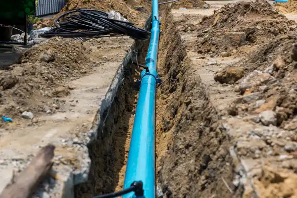 A blue water pipe is laid in a narrow trench, surrounded by dirt, with some black cables visible on the ground.