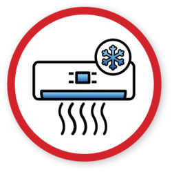 Icon Of An Air Conditioner With Cooling Symbol And Airflow Lines. Red Circle Border.
