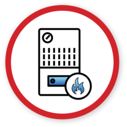 A Red-Bordered Circle With An Icon Of A Server And A Small Flame Symbol In The Bottom Right Corner.