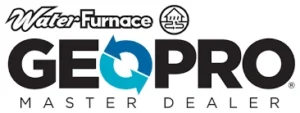 Waterfurnace Geopro Master Dealer Logo With Stylized Text And Circular Blue Arrows Forming The Letter &Quot;O&Quot;, Alongside The Trusted Gibson Name.