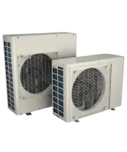 Two white outdoor air conditioning condenser units with metal grilles, standing side by side on a light background.