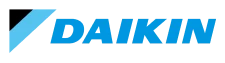 Daikin logo featuring bold blue text and a blue and black triangular design on a light background.