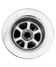 Close-up view of a metallic sink drain, showing the circular grate and central hole, photographed from directly above against a plain background.