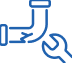 Blue outline icon of a bent pipe with a crack and a wrench, symbolizing plumbing repair or pipe maintenance.