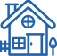 Blue outline icon of a house with a circular window, front door, side window, chimney, small fence, and a tree.