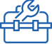 Blue outline icon of a toolbox with a wrench on top, symbolizing tools or repair.
