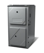 A gray metal furnace unit with two front panel doors, visible screws, and side ventilation openings, placed against a plain white background.