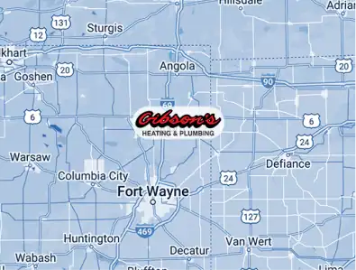 A map highlighting Gibson’s Heating & Plumbing, located near Angola and Fort Wayne, Indiana, with major highways and nearby cities labeled.