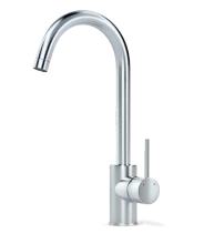 A stainless steel kitchen faucet with a tall, curved spout and a single side lever handle, set against a plain light background.